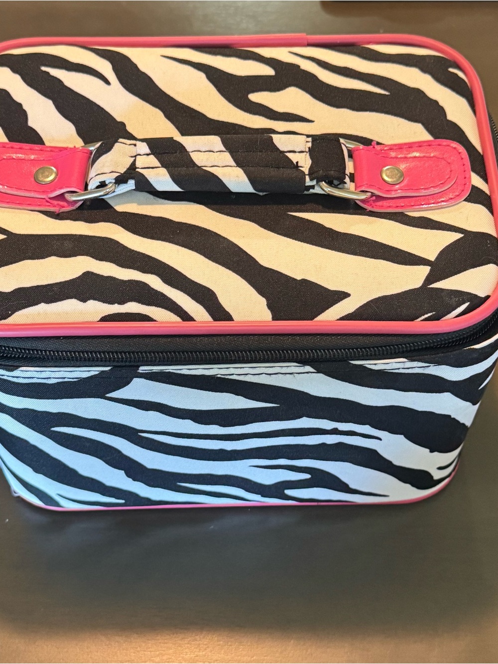 Pink Zebra Print Makeup Case with Mirror, Shoulder Strap, Handle, and Zipper